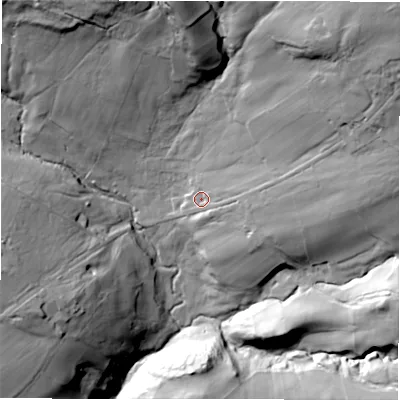 Shaded relief map of the ground around HG35ET, computed from Environment Agency LiDAR. The ground here sits at about 197 m above sea level and falls 64 m across the surrounding 800 m. Surface water reaching this point runs off ground lying to the north-east, 41.1 m higher.