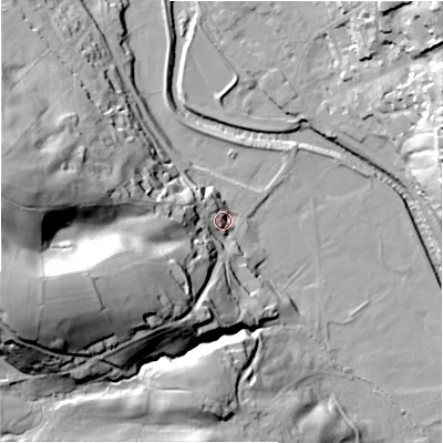 Shaded relief map of the ground around HG35HG, computed from Environment Agency LiDAR. The ground here sits at about 121 m above sea level and falls 65 m across the surrounding 800 m. Surface water reaching this point runs off ground lying to the west-south-west, 48.2 m higher.