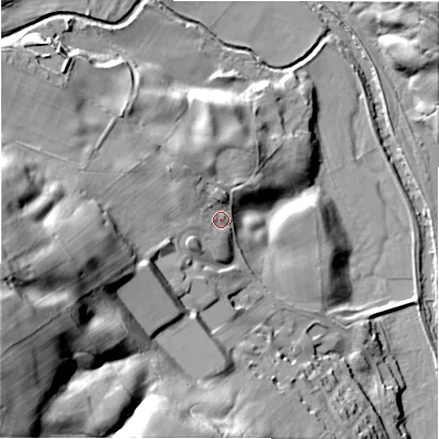 Shaded relief map of the ground around HG35HL, computed from Environment Agency LiDAR. The ground here sits at about 128 m above sea level and falls 67 m across the surrounding 800 m. Surface water reaching this point runs off ground lying to the west-south-west, 30.6 m higher.
