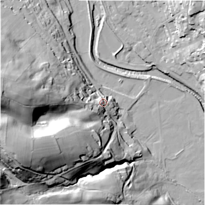 Shaded relief map of the ground around HG35HQ, computed from Environment Agency LiDAR. The ground here sits at about 126 m above sea level and falls 66 m across the surrounding 800 m. Surface water reaching this point runs off ground lying to the west-south-west, 54.8 m higher.