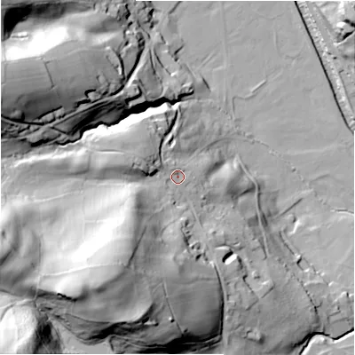 Shaded relief map of the ground around HG35HS, computed from Environment Agency LiDAR. The ground here sits at about 137 m above sea level and falls 82 m across the surrounding 800 m. Surface water reaching this point runs off ground lying to the west-south-west, 44.9 m higher.