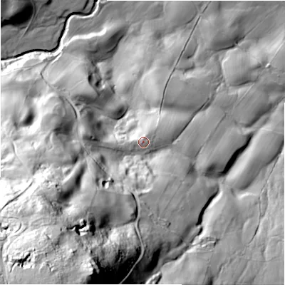 Shaded relief map of the ground around HG35JA, computed from Environment Agency LiDAR. The ground here sits at about 162 m above sea level and falls 151 m across the surrounding 800 m. Surface water reaching this point runs off ground lying to the south-south-west, 109.6 m higher.