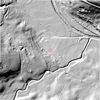Shaded relief map of the ground around HG35JB, computed from Environment Agency LiDAR. The ground here sits at about 117 m above sea level and falls 75 m across the surrounding 800 m. Surface water reaching this point runs off ground lying to the west-south-west, 18.3 m higher.