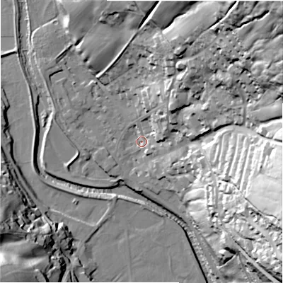 Shaded relief map of the ground around HG35JS, computed from Environment Agency LiDAR. The ground here sits at about 117 m above sea level and falls 86 m across the surrounding 800 m. Surface water reaching this point runs off ground lying to the north-east, 81.8 m higher.