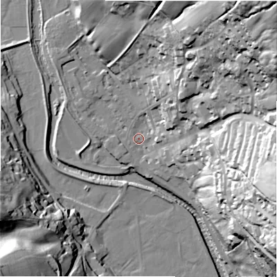 Shaded relief map of the ground around HG35JT, computed from Environment Agency LiDAR. The ground here sits at about 117 m above sea level and falls 79 m across the surrounding 800 m. Surface water reaching this point runs off ground lying to the north-east, 75.0 m higher.