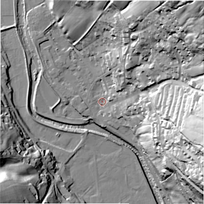 Shaded relief map of the ground around HG35JW, computed from Environment Agency LiDAR. The ground here sits at about 116 m above sea level and falls 80 m across the surrounding 800 m. Surface water reaching this point runs off ground lying to the north-east, 76.2 m higher.
