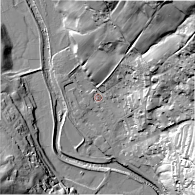 Shaded relief map of the ground around HG35LR, computed from Environment Agency LiDAR. The ground here sits at about 118 m above sea level and falls 88 m across the surrounding 800 m. Surface water reaching this point runs off ground lying to the north-east, 84.1 m higher.