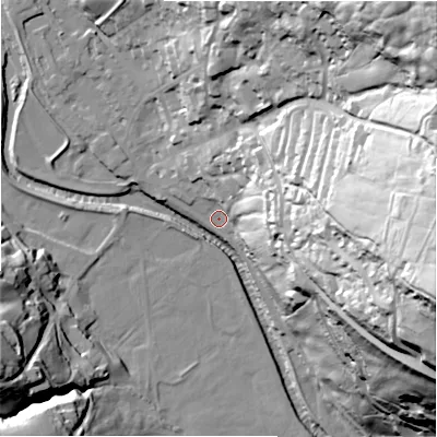 Shaded relief map of the ground around HG35NA, computed from Environment Agency LiDAR. The ground here sits at about 117 m above sea level and falls 84 m across the surrounding 800 m. Surface water reaching this point runs off ground lying to the east, 55.5 m higher.