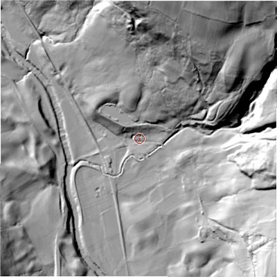 Shaded relief map of the ground around HG35PP, computed from Environment Agency LiDAR. The ground here sits at about 130 m above sea level and falls 89 m across the surrounding 800 m. Surface water reaching this point runs off ground lying to the north-north-east, 60.1 m higher.