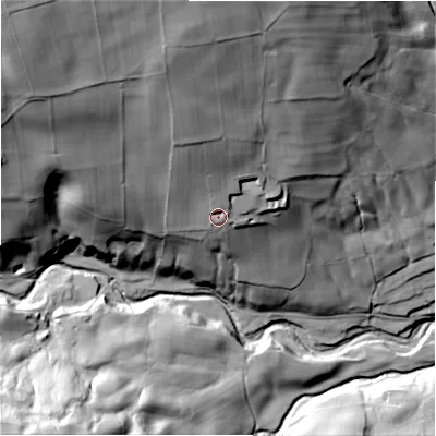 Shaded relief map of the ground around HG35PZ, computed from Environment Agency LiDAR. The ground here sits at about 189 m above sea level and falls 107 m across the surrounding 800 m. Surface water reaching this point runs off ground lying to the north-north-west, 29.3 m higher.