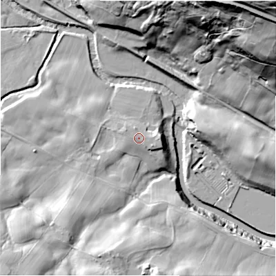Shaded relief map of the ground around HG35QF, computed from Environment Agency LiDAR. The ground here sits at about 120 m above sea level and falls 94 m across the surrounding 800 m. The ground contributing surface water to this point lies to the west-north-west.