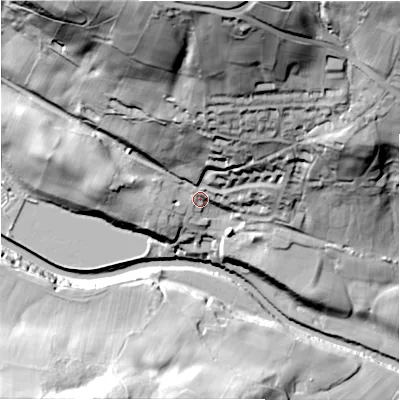 Shaded relief map of the ground around HG35QH, computed from Environment Agency LiDAR. The ground here sits at about 120 m above sea level and falls 80 m across the surrounding 800 m. Surface water reaching this point runs off ground lying to the north, 65.0 m higher.