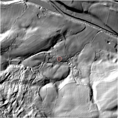 Shaded relief map of the ground around HG35QQ, computed from Environment Agency LiDAR. The ground here sits at about 132 m above sea level and falls 114 m across the surrounding 800 m. Surface water reaching this point runs off ground lying to the south-west, 78.2 m higher.