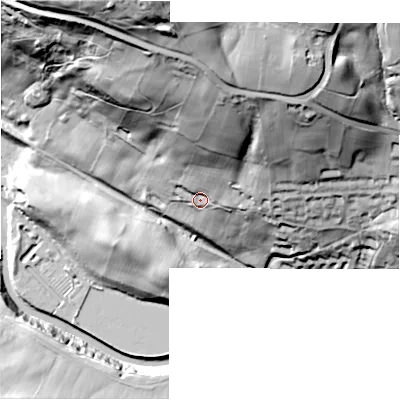 Shaded relief map of the ground around HG35QW, computed from Environment Agency LiDAR. The ground here sits at about 139 m above sea level and falls 100 m across the surrounding 800 m. Surface water reaching this point runs off ground lying to the north-north-east, 47.8 m higher.