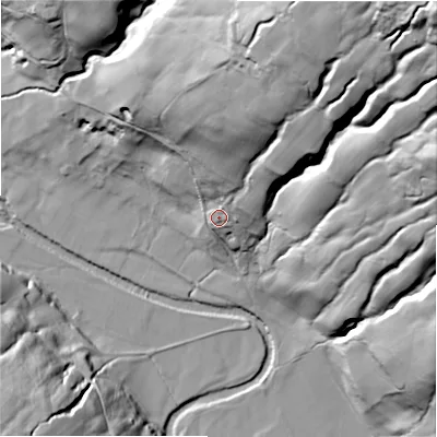 Shaded relief map of the ground around HG35RG, computed from Environment Agency LiDAR. The ground here sits at about 167 m above sea level and falls 134 m across the surrounding 800 m. Surface water reaching this point runs off ground lying to the north-east, 113.9 m higher.