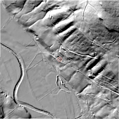 Shaded relief map of the ground around HG35RH, computed from Environment Agency LiDAR. The ground here sits at about 161 m above sea level and falls 192 m across the surrounding 800 m. Surface water reaching this point runs off ground lying to the north-east, 176.6 m higher.