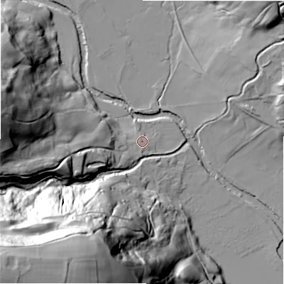 Shaded relief map of the ground around HG35RL, computed from Environment Agency LiDAR. The ground here sits at about 141 m above sea level and falls 112 m across the surrounding 800 m. Surface water reaching this point runs off ground lying to the west-south-west, 31.3 m higher.