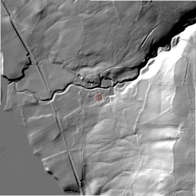 Shaded relief map of the ground around HG35RS, computed from Environment Agency LiDAR. The ground here sits at about 151 m above sea level and falls 85 m across the surrounding 800 m. Surface water reaching this point runs off ground lying to the east, 64.5 m higher.