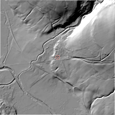 Shaded relief map of the ground around HG35RW, computed from Environment Agency LiDAR. The ground here sits at about 151 m above sea level and falls 92 m across the surrounding 800 m. Surface water reaching this point runs off ground lying to the east-north-east, 59.6 m higher.