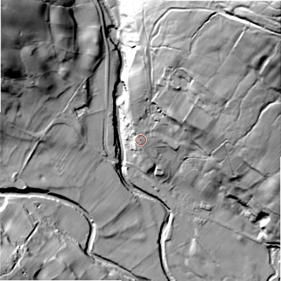 Shaded relief map of the ground around HG35RZ, computed from Environment Agency LiDAR. The ground here sits at about 173 m above sea level and falls 122 m across the surrounding 800 m. Surface water reaching this point runs off ground lying to the north-east, 81.7 m higher.