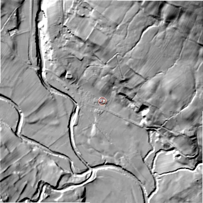 Shaded relief map of the ground around HG35SD, computed from Environment Agency LiDAR. The ground here sits at about 164 m above sea level and falls 104 m across the surrounding 800 m. Surface water reaching this point runs off ground lying to the north-east, 90.0 m higher.