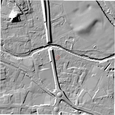 Shaded relief map of the ground around HG41AF, computed from Environment Agency LiDAR. The ground here sits at about 21 m above sea level and falls 21 m across the surrounding 800 m. Surface water reaching this point runs off ground lying to the west-north-west, 6.5 m higher.