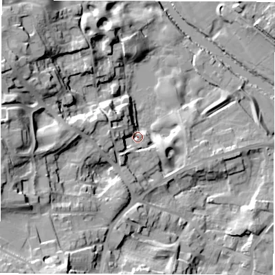 Shaded relief map of the ground around HG41AH, computed from Environment Agency LiDAR. The ground here sits at about 25 m above sea level and falls 29 m across the surrounding 800 m. Surface water reaching this point runs off ground lying to the west, 12.7 m higher.