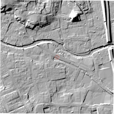 Shaded relief map of the ground around HG41AQ, computed from Environment Agency LiDAR. The ground here sits at about 24 m above sea level and falls 20 m across the surrounding 800 m. Surface water reaching this point runs off ground lying to the west, 6.3 m higher.