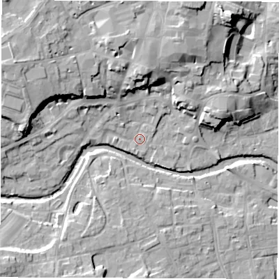 Shaded relief map of the ground around HG41AY, computed from Environment Agency LiDAR. The ground here sits at about 26 m above sea level and falls 20 m across the surrounding 800 m. Surface water reaching this point runs off ground lying to the north, 13.7 m higher.