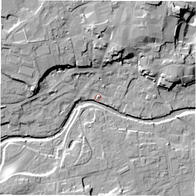 Shaded relief map of the ground around HG41AZ, computed from Environment Agency LiDAR. The ground here sits at about 27 m above sea level and falls 19 m across the surrounding 800 m. Surface water reaching this point runs off ground lying to the north-west, 17.3 m higher.
