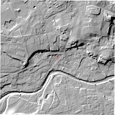 Shaded relief map of the ground around HG41BE, computed from Environment Agency LiDAR. The ground here sits at about 28 m above sea level and falls 20 m across the surrounding 800 m. Surface water reaching this point runs off ground lying to the north, 14.9 m higher.