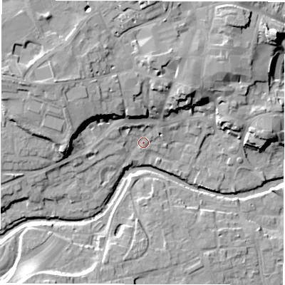 Shaded relief map of the ground around HG41BG, computed from Environment Agency LiDAR. The ground here sits at about 28 m above sea level and falls 20 m across the surrounding 800 m. Surface water reaching this point runs off ground lying to the north, 14.7 m higher.