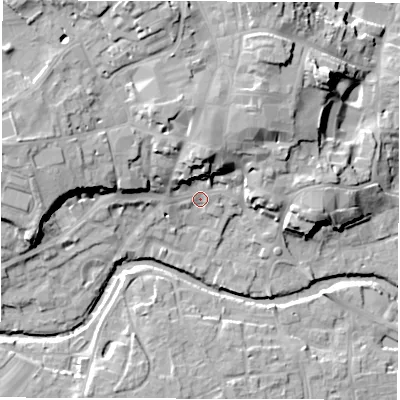 Shaded relief map of the ground around HG41BQ, computed from Environment Agency LiDAR. The ground here sits at about 28 m above sea level and falls 22 m across the surrounding 800 m. Surface water reaching this point runs off ground lying to the north, 11.4 m higher.