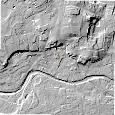 Shaded relief map of the ground around HG41BU, computed from Environment Agency LiDAR. The ground here sits at about 28 m above sea level and falls 21 m across the surrounding 800 m. Surface water reaching this point runs off ground lying to the north, 11.8 m higher.