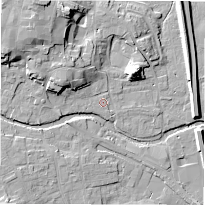 Shaded relief map of the ground around HG41BY, computed from Environment Agency LiDAR. The ground here sits at about 24 m above sea level and falls 22 m across the surrounding 800 m. Surface water reaching this point runs off ground lying to the west-north-west, 11.2 m higher.