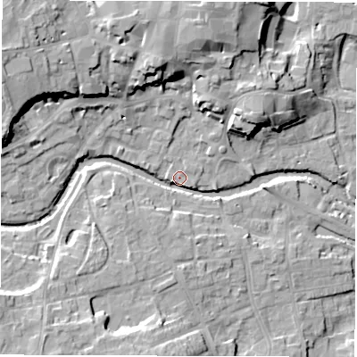 Shaded relief map of the ground around HG41DL, computed from Environment Agency LiDAR. The ground here sits at about 26 m above sea level and falls 20 m across the surrounding 800 m. Surface water reaching this point runs off ground lying to the north-west, 16.9 m higher.