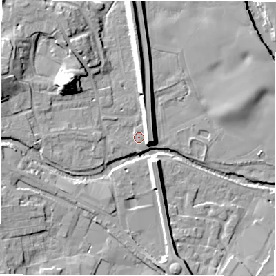 Shaded relief map of the ground around HG41FF, computed from Environment Agency LiDAR. The ground here sits at about 22 m above sea level and falls 21 m across the surrounding 800 m. Surface water reaching this point runs off ground lying to the north-west, 16.3 m higher.
