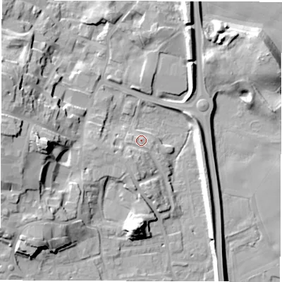 Shaded relief map of the ground around HG41FJ, computed from Environment Agency LiDAR. The ground here sits at about 23 m above sea level and falls 22 m across the surrounding 800 m. Surface water reaching this point runs off ground lying to the south, 9.8 m higher.