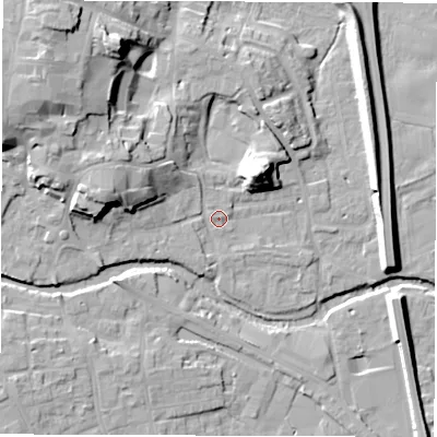 Shaded relief map of the ground around HG41FN, computed from Environment Agency LiDAR. The ground here sits at about 24 m above sea level and falls 22 m across the surrounding 800 m. Surface water reaching this point runs off ground lying to the west-north-west, 11.7 m higher.