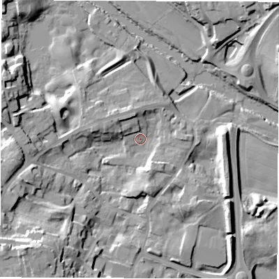 Shaded relief map of the ground around HG41FQ, computed from Environment Agency LiDAR. The ground here sits at about 22 m above sea level and falls 24 m across the surrounding 800 m. Surface water reaching this point runs off ground lying to the north-west, 6.2 m higher.