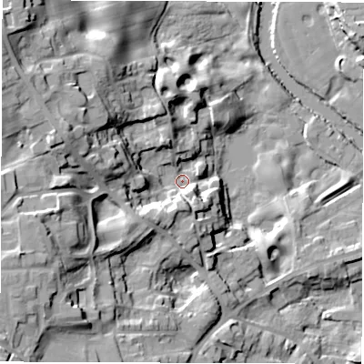Shaded relief map of the ground around HG41HB, computed from Environment Agency LiDAR. The ground here sits at about 25 m above sea level and falls 31 m across the surrounding 800 m. Surface water reaching this point runs off ground lying to the west-south-west, 22.4 m higher.