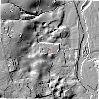 Shaded relief map of the ground around HG41HE, computed from Environment Agency LiDAR. The ground here sits at about 26 m above sea level and falls 33 m across the surrounding 800 m. Surface water reaching this point runs off ground lying to the south-west, 8.2 m higher.