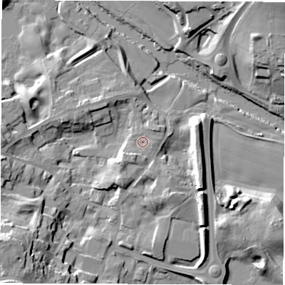 Shaded relief map of the ground around HG41HH, computed from Environment Agency LiDAR. The ground here sits at about 23 m above sea level and falls 25 m across the surrounding 800 m. Surface water reaching this point runs off ground lying to the south-south-west, 3.4 m higher.