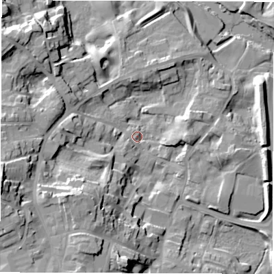 Shaded relief map of the ground around HG41HS, computed from Environment Agency LiDAR. The ground here sits at about 22 m above sea level and falls 30 m across the surrounding 800 m. Surface water reaching this point runs off ground lying to the south-west, 3.5 m higher.