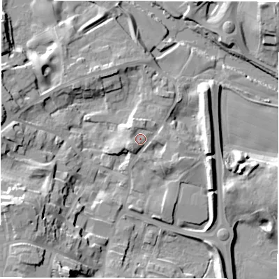 Shaded relief map of the ground around HG41HT, computed from Environment Agency LiDAR. The ground here sits at about 26 m above sea level and falls 24 m across the surrounding 800 m. Surface water reaching this point runs off ground lying to the west-south-west, 2.3 m higher.
