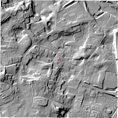 Shaded relief map of the ground around HG41HW, computed from Environment Agency LiDAR. The ground here sits at about 23 m above sea level and falls 30 m across the surrounding 800 m. Surface water reaching this point runs off ground lying to the south, 4.6 m higher.