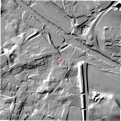 Shaded relief map of the ground around HG41HX, computed from Environment Agency LiDAR. The ground here sits at about 23 m above sea level and falls 33 m across the surrounding 800 m. Surface water reaching this point runs off ground lying to the west-north-west, 4.2 m higher.