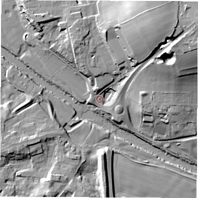 Shaded relief map of the ground around HG41HY, computed from Environment Agency LiDAR. The ground here sits at about 23 m above sea level and falls 39 m across the surrounding 800 m. Surface water reaching this point runs off ground lying to the north-east, 33.8 m higher.