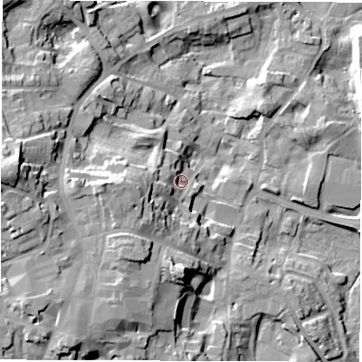 Shaded relief map of the ground around HG41HZ, computed from Environment Agency LiDAR. The ground here sits at about 26 m above sea level and falls 29 m across the surrounding 800 m. Surface water reaching this point runs off ground lying to the west, 17.3 m higher.