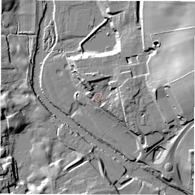 Shaded relief map of the ground around HG41JG, computed from Environment Agency LiDAR. The ground here sits at about 27 m above sea level and falls 38 m across the surrounding 800 m. Surface water reaching this point runs off ground lying to the east-north-east, 9.3 m higher.